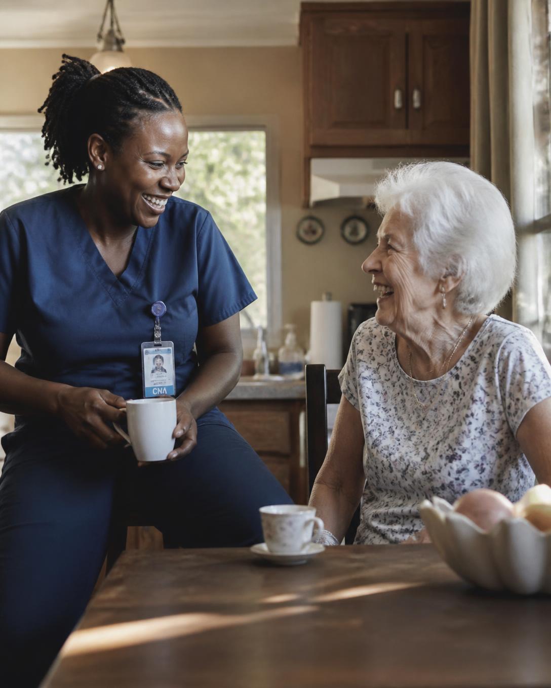 A CNA in navy scrubs sharing tea and conversation with an elderly client in her kitchen