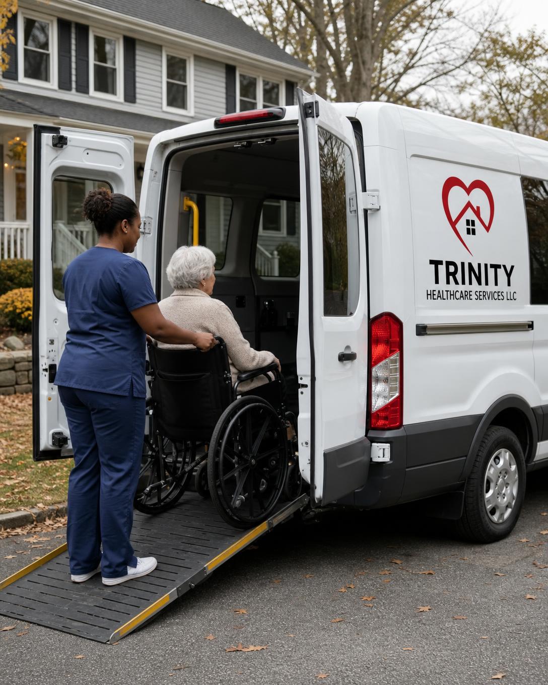 A caregiver in navy scrubs guiding an elderly client in a wheelchair up the ramp of a Trinity HealthCare Services wheelchair-accessible van